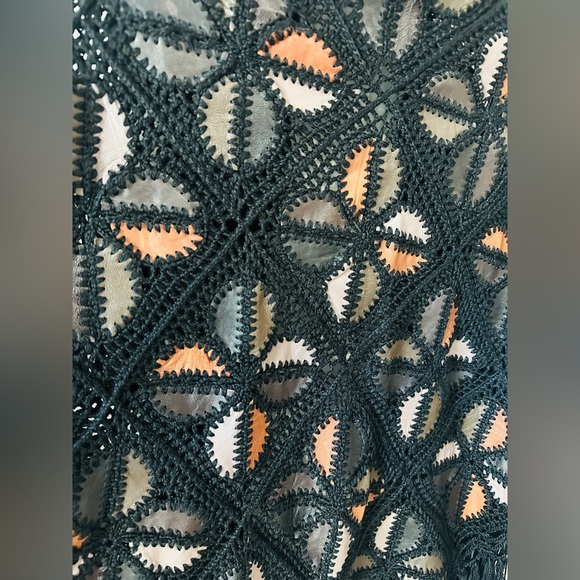 Rare Multicolor Genuine Leather Patchwork Crochet Fringe Cape O/S - Picture 8 of 8